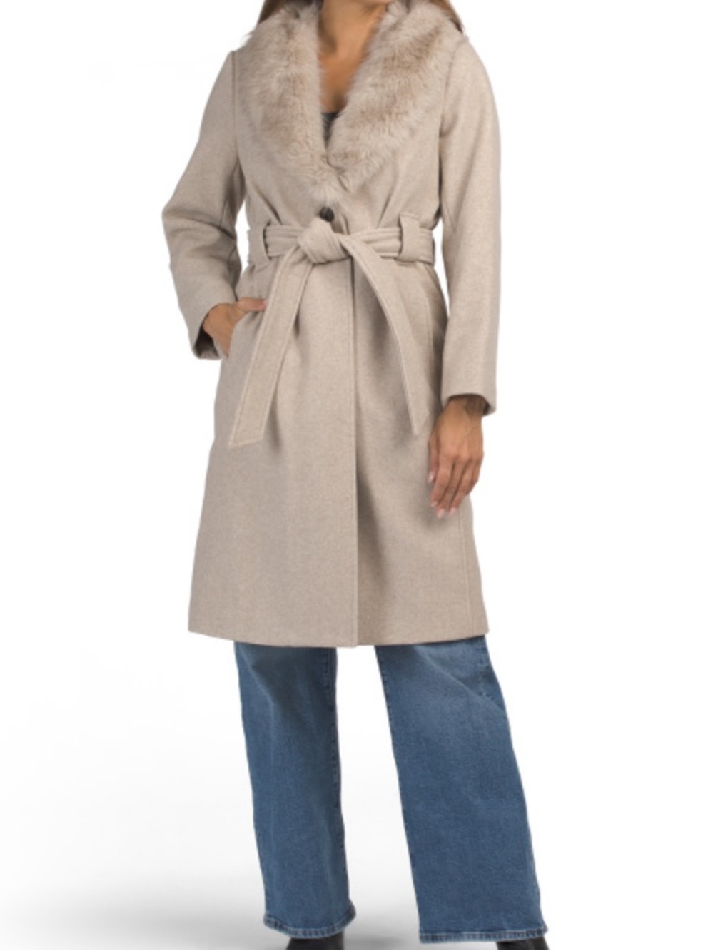BCBGMAXAZRIA Wrap Coat With Faux Fur Collar